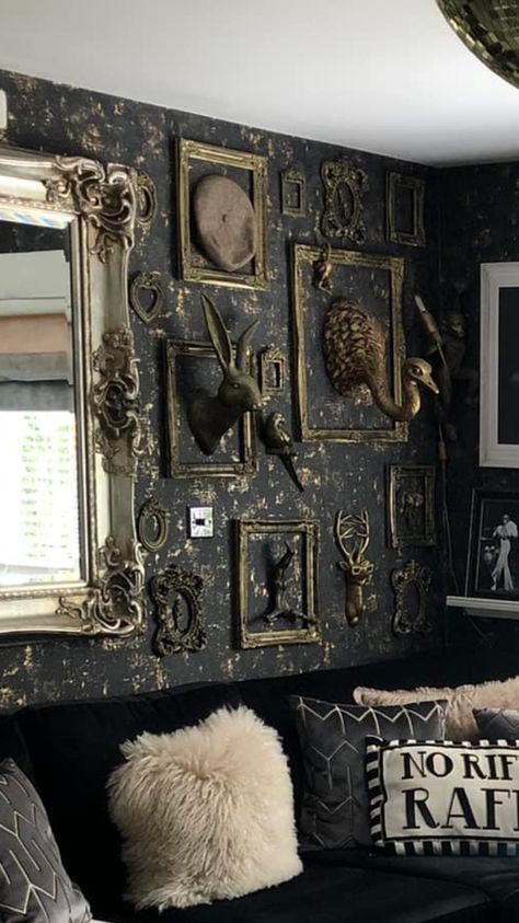 Dark Walls With Wainscoting, Oddities Gallery Wall, Vintage Wall Display, Fantasy Gallery Wall, Dark Eccentric Decor, Moody Collage Wall, Antique Frame Wall, Gothic Accent Wall, Moody Gallery Wall Ideas