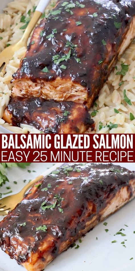 Make the BEST oven roasted Balsamic Glazed Salmon in just 29 minutes with this easy recipe. The delicious glaze has both sweet and savory flavors, and after it's baked on top of the salmon, it creates the most mouthwatering salmon recipe ever! Balsamic Glazed Salmon Baked, Salmon Recipes Balsamic Glaze, Easy Balsamic Glaze, Oven Roasted Salmon Recipes, Roast Salmon Oven, Roasted Salmon Oven, Cooking Salmon In Oven, Baked Salmon Recipes Oven Easy, Salmon With Balsamic Glaze