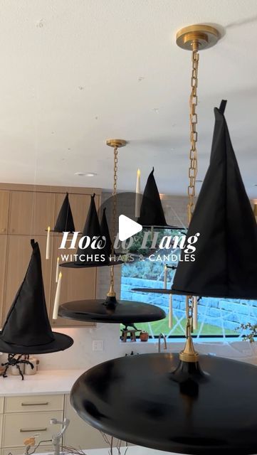 Sabrina Tan Langlois on Instagram: "🪄✨ easiest way to hang witches hats & candles from your ceiling without damaging your wall: just make sure to follow directions for command hooks and it’s easy-peasy! 𝐂𝐨𝐦𝐦𝐞𝐧𝐭 “𝐥𝐢𝐧𝐤𝐬“ 𝐭𝐨 𝐬𝐡𝐨𝐩 // https://liketk.it/4ldGt #halloweendecor #harryporter #howto #falldecor" How To Hang Witches Hats From Ceiling, Witch Hats Hanging From Ceiling, Hanging Witches Hats, Floating Witch Hats, Floating Witch, Floating Candles Halloween, Hanging Witch, Witches Hats, Witch Candles