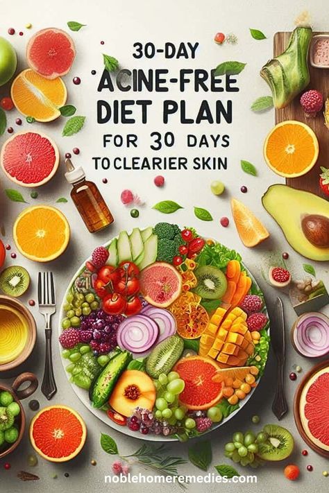 A 30-day acne-free diet plan to achieve clearer, healthier skin. Discover skin-loving foods and a holistic approach to skincare for a radiant complexion. Healthy Acne Free Diet, Foods To Eat For Good Skin, Low Glycemic Diet For Acne, Healthy Skin Diet Acne, Good Healthy Foods Aesthetic, Diet For Pimple Free Skin, Foods To Avoid For Acne Clear Skin, Best Diet For Acne Prone Skin, Acne Food Recipes