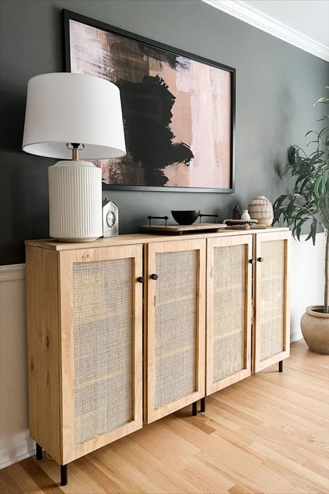 Cane dining room sideboard DIY project Sideboard Diy, Ikea Dining Room, Diy Sideboard, Ikea Dining, Buffet Decor, Ikea Ivar, Ikea Living Room, Sideboards Living Room, Dining Room Sideboard