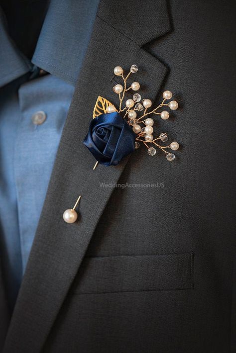 Silver Boutonniere, Gold Boutonniere, Midnight Blue Wedding, Blue Corsage, Brooch Boutonniere, Blue Boutonniere, Navy Blue And Gold Wedding, Blue Gold Wedding, Groomsmen Boutonniere