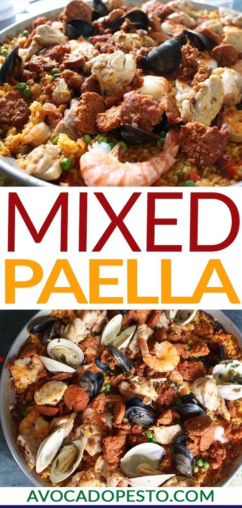 Mixed Paella with Chicken, Chorizo, Shrimp and Clams – Was the time put in worth it? Absolutely. It’s an amazing Spanish Mixed Paella recipe! Spanish mixed paella made from scratch with seafood and meat.. Worth every minute of effort. | @avocadopesto #mixedpaellarecipe #bestpaellarecipe #howtocookpaella #homemadepaella #paellarecipe Best Paella Recipe, Paella With Chicken, Homemade Paella, Spanish Paella Recipe, Clams Recipe, Refined Sugar Free Desserts, Chicken Paella, Spanish Paella, Chicken Chorizo