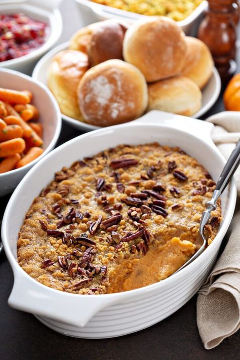 Fancy Sweet Potato Casserole - Made with sweet potato, sweetened condensed milk, butter, eggs, sugar, cinnamon, mace, brown sugar, graham cracker crumbs, pecans | CDKitchen.com Sweet Potato Souffle, Sweet Potato Recipes Casserole, Yummy Sweet Potatoes, Vegan Chef, Crunchy Pecans, Holiday Side Dishes, Mashed Sweet Potatoes, Sweet Potato Casserole, Potato Casserole