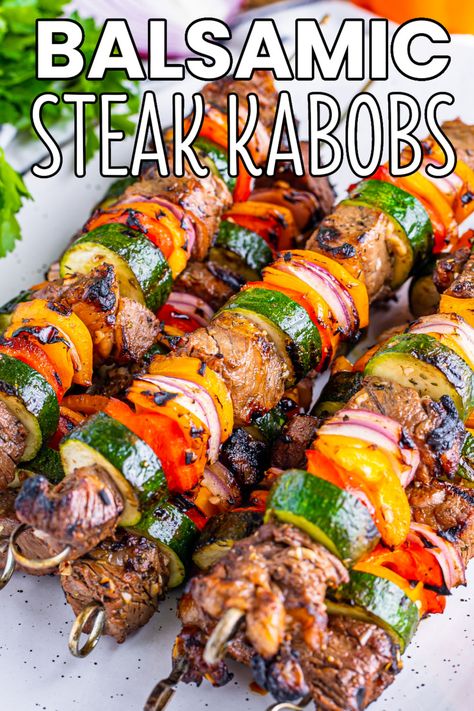 Marinated Steak Kabobs, Grilled Steak Kabobs, Veggie Kebabs, Balsamic Steak, Bread Booze Bacon, Basting Sauce, Cookout Side Dishes, Steak Kabobs, Beef Kabobs