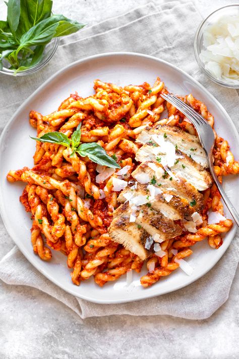 Gemelli Pasta with Roasted Red Pepper Sauce | The Cozy Apron Roasted Red Pepper Sauce Recipe, Roasted Red Pepper Pasta Sauce, Gemelli Pasta, Shaved Parmesan, Chicken Breast Cutlet, Pasta Varieties, Roasted Red Pepper Sauce, Zesty Sauce, Asparagus Pasta