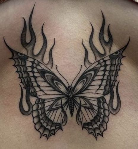 Edgy Butterfly Tattoo Designs, Another Dimension Tattoo, Scary Butterfly Tattoo, Celestial Butterfly Tattoo, Symmetrical Tattoo Women, Flaming Butterfly Tattoo, Tattoo Shoulder Ideas, Burning Butterfly Tattoo, Edgy Butterfly Tattoo