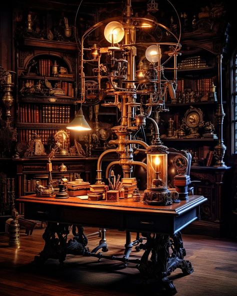 Tour through a Victorian Steampunk Mansion 🏠💡⚙️✨️ Victorian Science Lab, Steampunk Science Lab, Steampunk Aesthetic Room, Steampunk Inventor Aesthetic, Steampunk Bookshelf, Steampunk Aesthetic Dark, Victorian Laboratory, Steampunk School, Steampunk Mansion