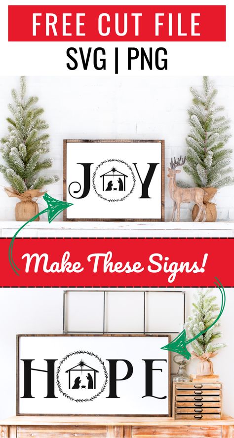 Grab the FREE "JOY" and "HOPE" SVG files and make these beautiful wooden farmhouse Christmas Signs. Create stencils with your Cricut or Silhouette and paint these signs or simply cut the design out as is from Oracle 651 and apply right to the wood. Christmas Signs Cricut, Christmas Cricut Signs, Cricut Christmas Decorations, Christmas Cricut Ideas, Farmhouse Printables Free, Christmas Sign Diy, Free Printable Christmas Signs, Farmhouse Christmas Signs, Christmas Svg Free