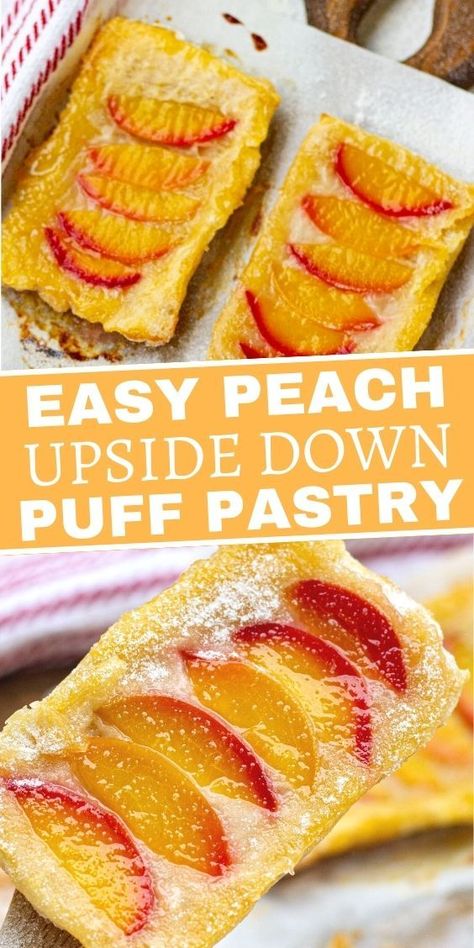 Upside Down Puff Pastry Squares, Upside Down Puff Pastry, Sweet Puff Pastry Recipes, Puff Pastry Squares, Easy Puff Pastry Desserts, Pastry Squares, Peach Puff Pastry, Puff Pastry Recipes Dessert, Puff Dessert