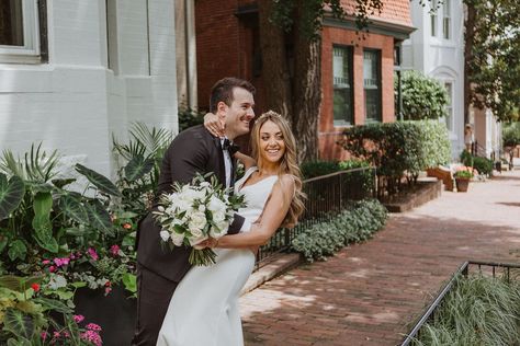 A highlight of having your intimate wedding at Washington DC’s Tudor Place is that right outside the gates are the cobblestone streets of Georgetown. During this couple’s first look they took a walk around the surrounding neighborhood and even hopped on an electric scooter! Check out how the historic homes and tree-covered streets perfectly complemented the European vibes of this wedding venue! #europeanstylewedding #washingtondcweddingphotographer #washingtondcweddingvenues #intimatewedding Sunken Gardens St Petersburg Wedding, Tudor Place Washington Dc Wedding, Luttrellstown Castle Wedding, Dc Wedding Venues, Romantic Wedding Ceremony, Cobblestone Streets, Bouquet Inspiration, Historic Wedding, Beautiful Wedding Photos