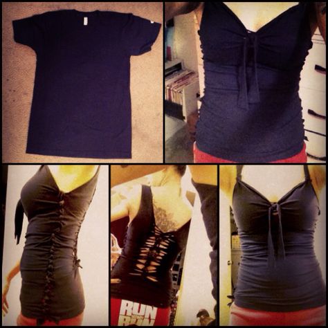 No sew Tshirt reconstruction. Before and after. This was fun, but I wish I had a mannequin so I could use my measurements and work on it that way instead of doin it while I'm wearing it lol. Just cut and tie! How To Make A Basic Tshirt Cute, No Sew T Shirt Hacks, Distressed Tank Top Diy, Upcycle Tshirt No Sew, T Shirt Reconstruction No Sew, How To Cut Shirts Cute, Diy Tops No Sew, No Sew Shirt Alterations, Tshirt Into Tank Top Diy