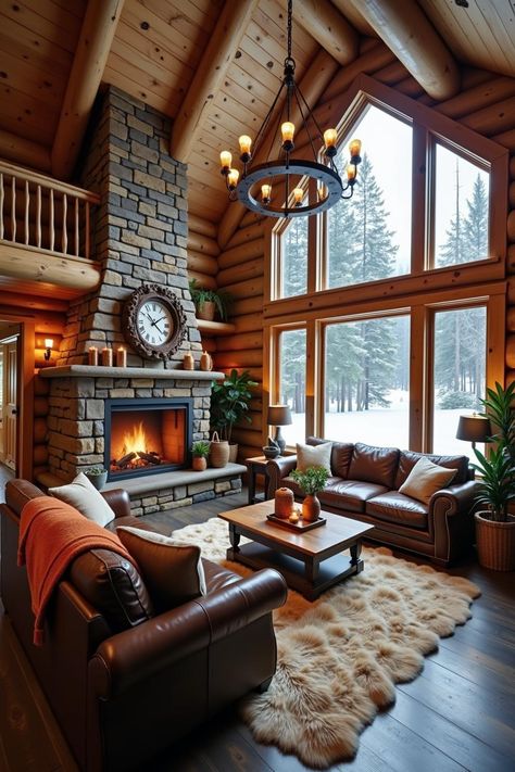 Warm rustic cabin interior with a stone fireplace. Transform chilly winter blues into warm, snug vibrance with cabins that embrace you like a hot chocolate hug, offering ideas galore for your own slice of snowy paradise. Fireplace Mountain Home, Little Cabin Interior, Cottage Great Room, Cabin Sunroom, Rustic Lodge Living Room, Cabin Core Aesthetic, Rustic Log Cabin Interior, Cabin Family Room, Log Cabin Homes Interior