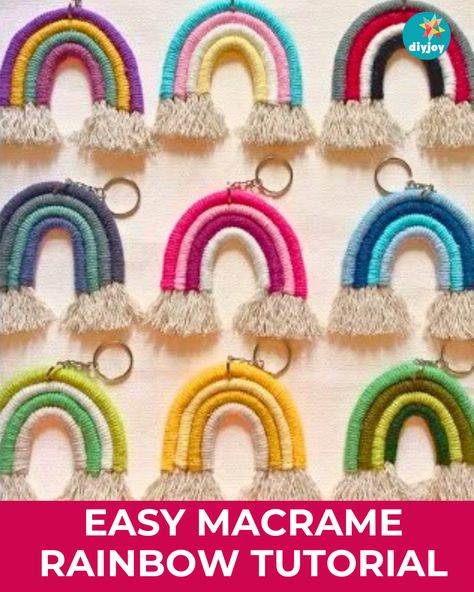 Searching for your next craft project? Here's an easy macramé rainbow tutorial for you! It's colorful and easy to make. Macrame Rainbows Tutorial, Macrame Rainbow Keychain Tutorial, Macrame Kids Projects, Kids Yarn Crafts Easy, Macrame Ideas To Sell, Macrame Rainbow Diy Tutorial, Kid Crafts To Sell, Summer Crafts To Sell, Macrame Rainbow Diy