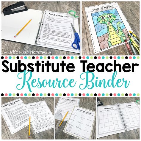 The substitute teacher resource binder is perfect for substitutes in an elementary setting! A full day of plans for K-6 is included along with a calendar, info forms, punch cards and more! Substitute Teacher Forms, Substitute Teacher Bag, Substitute Teaching Ideas, Substitute Teacher Resources, Substitute Teacher Activities, Substitute Teacher Binder, Substitute Teacher Tips, Substitute Teacher Ideas, Subbing Ideas