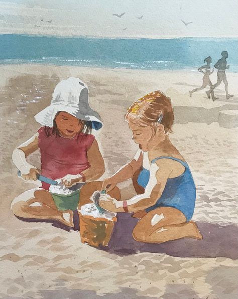 Beach scene with kids playing in the sand.  Painted with Windsor Newton watercolors on Arches 100% cotton cold press, 300lb Watercolor Beach Scenes, 3d Beach Art, Kids On The Beach, Seashore Paintings, Vineyard House, Playing In The Sand, Painting Family, Beach Scene Painting, Magic Sand