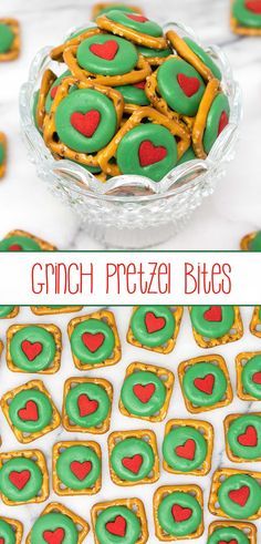 Grinch Pretzel Bites – crunchy pretzel snaps, festive green chocolate wafers, and a delightful red heart quin; a sweet and salty holiday treat that even a Grinch will love. via @SarahsBakeStudio Pretzel Snaps, Holiday Snacks, Chocolate Wafers, Christmas Sweets, Christmas Snacks, Christmas Cooking, Christmas Goodies, Holiday Desserts, Decoration Christmas