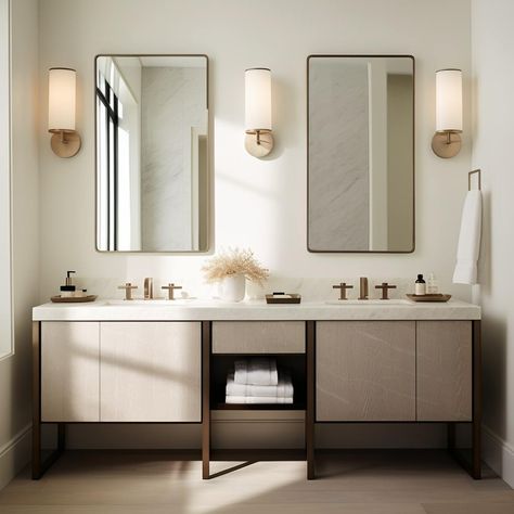 Double Vanity Mirror Ideas [September 2023] - Our Guide to the Perfect Vanity Mirror Bathroom With 3 Mirrors, Bathroom Double Mirror Ideas, Double Sink Vanity Mirror Ideas, Double Mirror Bathroom Vanity, Vanity Alcove, Double Vanity Mirror Ideas, Double Vanity Mirror, Vanity Mirror Ideas, California Style Interior