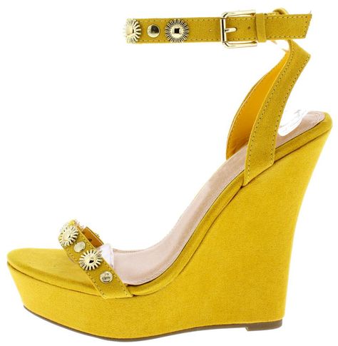 Benjamin044 Yellow Embellished Open Toe Ankle Strap Wedges Only $10.88 - Wholesale Fashion Shoes Edgy Shoes, Heels Yellow, Yellow Wedges, Wedges Style, Ankle Strap Wedges, High Heel Wedges, Womens Wedges, Ankle Straps, Platform Boots