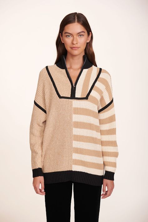 Our chunky cotton knit Hampton Sweater is an oversized boyfriend-style sweater in a seasonal, neutral stripe pattern. This style features a half-zip detail at the front. Fitted Knit Dress, I Fall To Pieces, Button Down Polo, Striped Sweater Dress, Italian Dressing, Mommy Style, Chevron Stripe, Old Money Style, Boyfriend Style