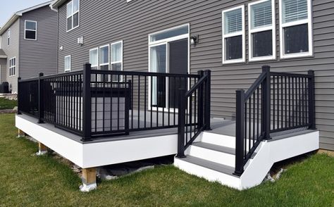 Grey Deck With Black Railing, Black Railing Deck, Black Railing Front Porch, Timbertech Railing, Outside Deck Ideas, Deck Color Ideas, Porch Roof Ideas, Pergola Build, Painted Decks