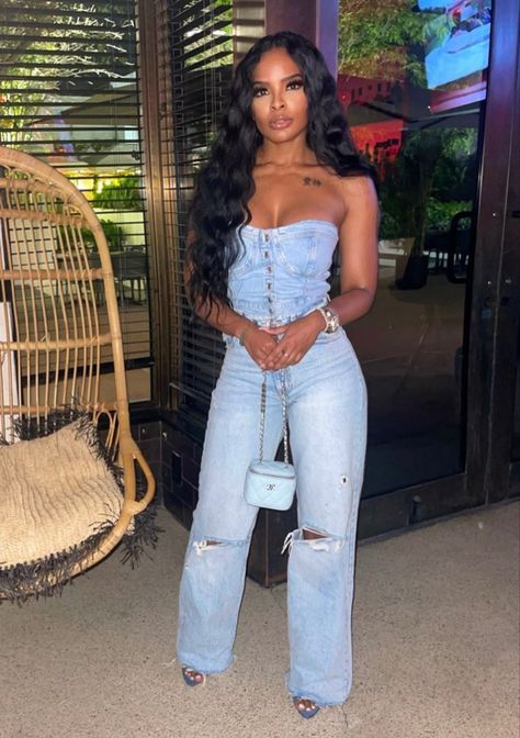 Jean Corset Top Outfit Black Women, Bells Bottom Jeans Outfit, 22nd Birthday Outfits For Women, Demin Romper Outfit Jumpsuits, Heels With Baggy Jeans Night Out, Black Women Bday Outfits, August Concert Outfit, All Blue Jean Outfits For Black Women, Graphic Tee And Heels Outfit Black Women