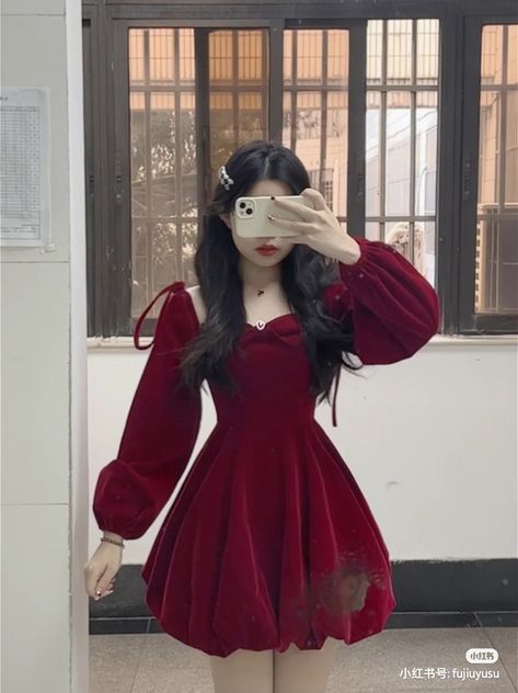 Wine Red Dress Aesthetic, Red Fancy Outfits, Dresses For Valentines Day Dance, Red Elegant Dress Short, Red Christmas Dress Outfit, Valentines Dress Outfit, Short Soiree Dresses, Dark Red Outfit Aesthetic, Korean Red Dress