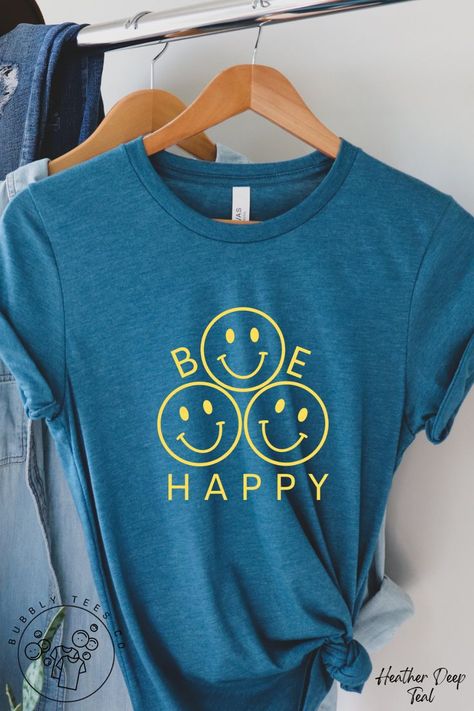 Happy Face Shirt, Smiley Face Tshirt, Smiley Face Shirt, Yellow Smiley Face, Happy Design, Boho Shirts, Comfort Color, Deep Teal, Women T Shirts