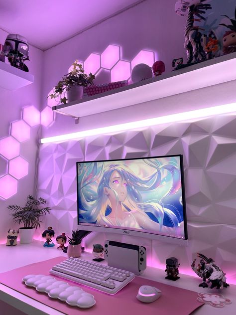 Gaming setup Baddie Room, Games Room Inspiration, Dream Setup, Game Setup, Pink Games, Room Vibes, Gamer Setup, Gamer Room Decor, Video Game Room Design