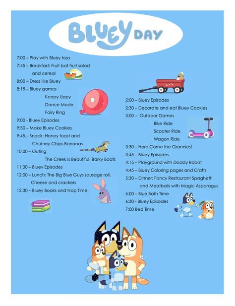 Bluey Easter Egg Hunt, Bluey Mum Checklist, Easy Bluey Crafts, Bluey Birthday Party Drinks, Bluey Activities For Preschool, Bluey Bingo Toast, Bluey Tv Show Quotes, Bluey Themed Activities, Bluey Themed Outfit