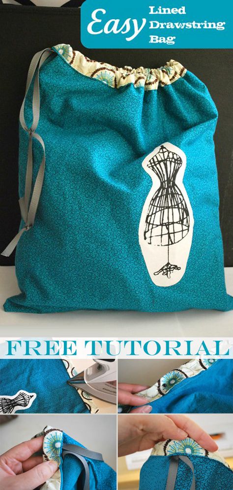 Easy Lined Drawstring Bag Tutorial How To Sew A Lined Drawstring Bag, Lined Drawstring Bag Diy, Drawstring Bag Pattern Free, Lined Drawstring Bag Tutorial, Laundry Bags Diy, Diy Duffle Bag, Drawstring Bag Tutorial, Lined Drawstring Bag, Drawstring Bag Diy