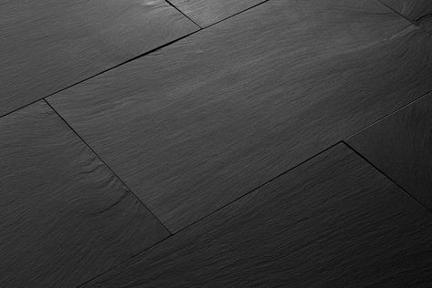 Italian slate flooring, premium jet black slate tiles with unique wood grain texture. Small to large format x 1 cm thick for interior walls and floors. Black Tile Bathroom Floor, Black Slate Floor, Black Laminate Flooring, Black Slate Tiles, Black Tile Bathrooms, Tile Bedroom, Slate Tiles, Slate Tile Floor, Slate Wall Tiles