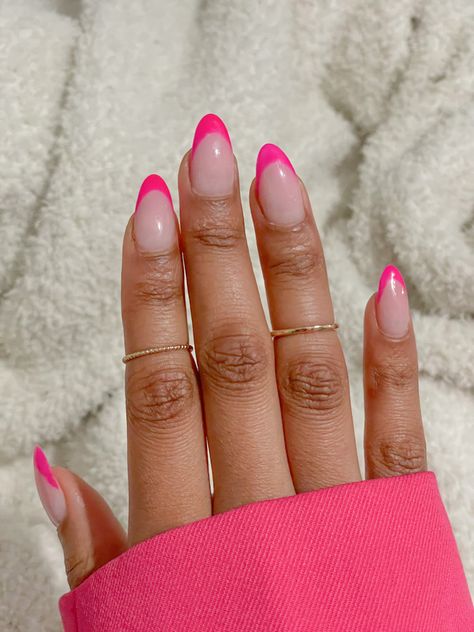 Pick Almond Nails, French Tip Summer Nails Almond, Basic Summer Nails Almond, Fun Color French Tip Nails, Pink Design Nails Almond, Classy Vacation Nails Almond, Nail Inspo Summer 2022, Summer Nails Basic, Pink Nail Designs Almond Shape