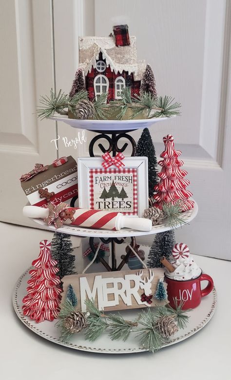 Three Tiered Tray, Christmas Tier Tray, Tray Decor Christmas, Decorations For Christmas, Gingerbread Christmas Decor, Christmas Tray, Tiered Tray Diy, Kitchen Decorations, Christmas Centerpieces Diy