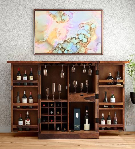 Solid Sheesham Wood Bar Cabinet with Storage || Bar Units for Home || Wooden Bar Furniture || Bar Cabinet for Living Room || Wine Rack with Drawer & Glass Holder || Honey Finish Small Bar Unit, Bar Unit For Home, Drinks Sideboard, Transitional Bar, Wooden Bar Cabinet, Wood Bar Cabinet, Bar Cabinets, Furniture Bar, Small Doors