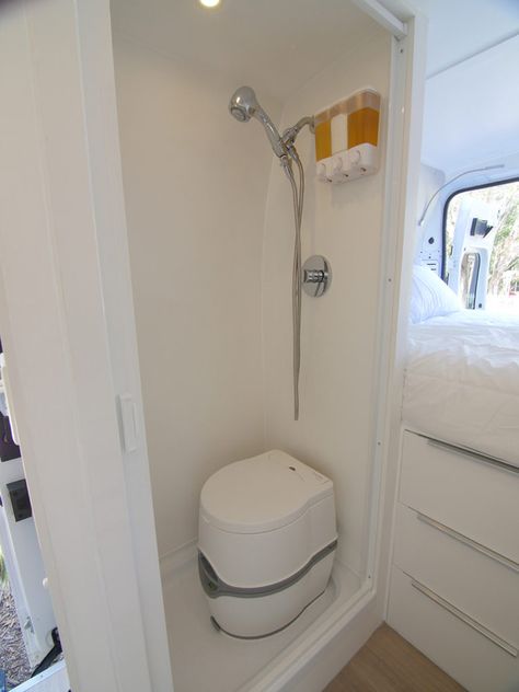 Building a Wet Bath and Shower into Promaster DIY Camper Van Camper Van Shower, Diy Camper Van, Wet Bath, Camper Bathroom, Kitchen Garbage, Diy Camper Trailer, Cargo Trailer Camper, Kombi Home, Van Conversion Interior