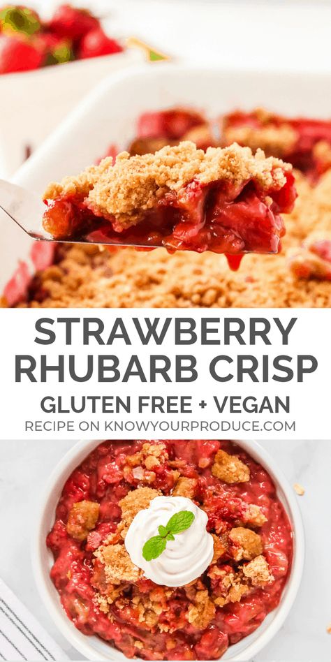 homemade strawberry rhubarb crisp - perfect spring summer dessert using fresh strawberries and rhubarb - vegan and gluten free Gluten Free Crumble, Strawberry Rhubarb Recipes, Rhubarb Recipes Crisp, Strawberry Rhubarb Crumble, Strawberry Crisp, Strawberry Rhubarb Crisp, Rhubarb Desserts, Rhubarb Crisp, Rhubarb Crumble