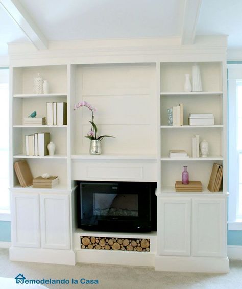 DIY - Build ins with electric fireplace Diy Bookcases, Bookshelves Around Fireplace, Build Ins, Fireplace Diy, Slate Fireplace, Fireplace Bookshelves, Fake Fireplace, Basement Living, Bookcase Diy