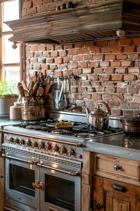 Add Character with a Brick Backsplash in Your Farmhouse Kitchen - Quiet Minimal Wood Cabinet Brick Backsplash, Brick Cottage Kitchen, Brick Fireplace In Kitchen, Kitchen Character, Brick Kitchen Ideas, Farmer Kitchen, Red Brick Kitchen, Redone Kitchen, Kombuis Idees