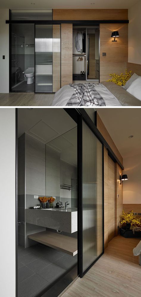 Bedroom Bathroom Divider, Bedroom With Bathroom Open Space, Loft Bathrooms, Glass Bathroom Door, Interior Reference, Bathroom Lighting Ideas, Bedroom Closet Storage, Family Apartment, Ensuite Bathrooms