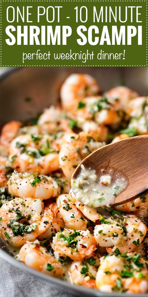 One Pot 10 Minute Shrimp Scampi | This shrimp scampi has all the classic garlicky flavors, is made in one pot, ready in 10 minutes, and is perfect on it's own or over some pasta!  Perfect for a busy weeknight! | http://thechunkychef.com | shrimp | scampi | easy | dinner | one pot | quick Scampi Shrimp, Shrimp Meals, Easy Shrimp Scampi Recipe, Shrimp Scampi Pasta, Easy Shrimp Scampi, Restaurant Meals, The Chunky Chef, Scampi Pasta, Chunky Chef