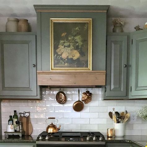 Tudor Kitchen Cabinets, Painted Cabinets Kitchen Ideas, Best Kitchen Upgrades, Vintage Cabinet Colors, Vintage Traditional Kitchen, Green French Country Kitchen, Granite With Green Cabinets, English European Kitchen, Sw Thunderous Cabinets