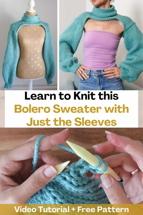 Learn how to knit this bolero sweater with just the sleeves by watching this video tutorial. This garment is super modern and pretty. The creator of this video teaches step by step how to do it so that the result of your knitting looks incredible!The creator used some interesting techniques in this design to make it even and adjustable, so this tutorial is perfect and a lot of fun to learn how to knit, even if shrugging isn't your thing. Bolero Pattern Knitted, Bolero Sweater Pattern, Diy Super Cropped Sweater, Just Sleeves Top, How To Knit A Shrug, Knit Bolero Pattern Free, Bodyless Sweater, Knit Bolero Pattern, Knit Shrug Pattern