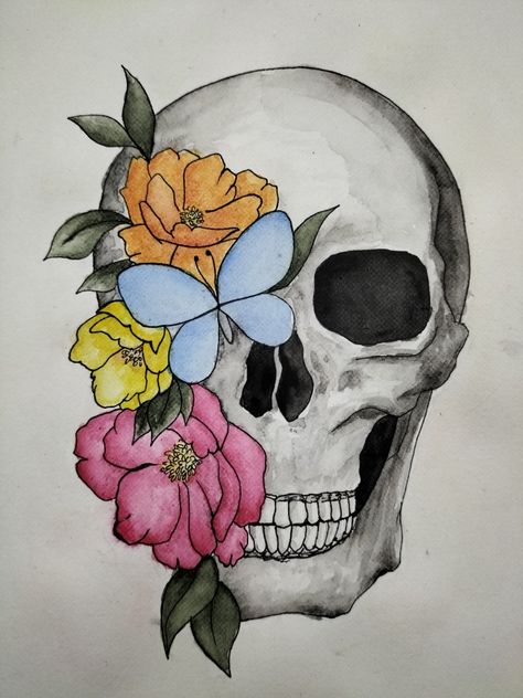 Sculls Art Drawing, Floral Skull Drawing, Skull Drawing Aesthetic, Skull Sketch Simple, Skull Design Drawing, Day Of The Dead Drawings, Sugar Skull Art Drawing, Easy Skull Drawings, Skull Watercolor