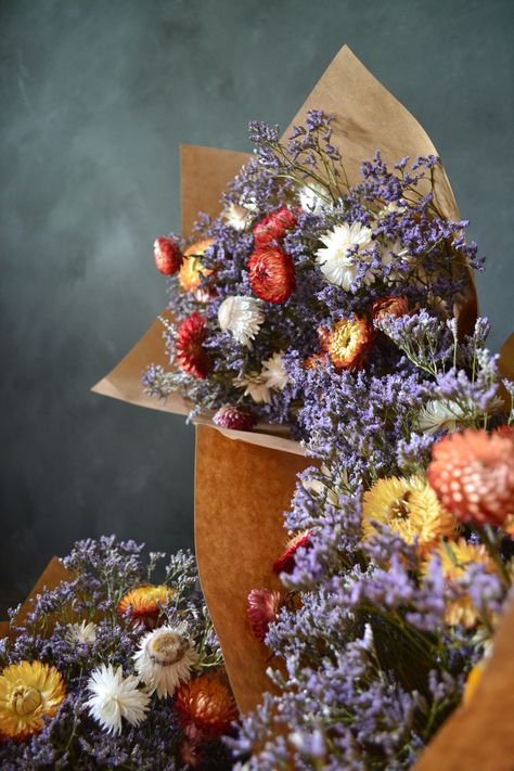 Naturally dried flower bouquets of purple misty and paper daisies, so pretty! Purple Wedding Florals, Dried Floral Wedding Purple, Dried Flowers Wedding Lavender Bouquet, Dried Flower Centerpiece Purple, Lavander Dried Flower Bouquet, Dried Flower Bouquet Purple, Paper Daisies, Dried Flower Bouquets, Dried Flower Bouquet