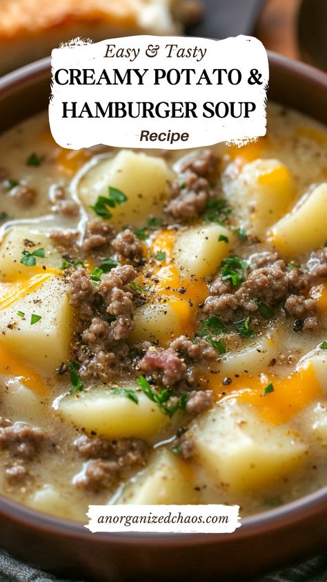 Creamy Potato Potato Hamburger Soup, Beef And Onions, Hamburger Potato Soup, Soups Stews Chilis, Ground Beef And Potatoes, Soup Ingredients, Soup With Ground Beef, Hamburger Soup, Creamy Potato Soup