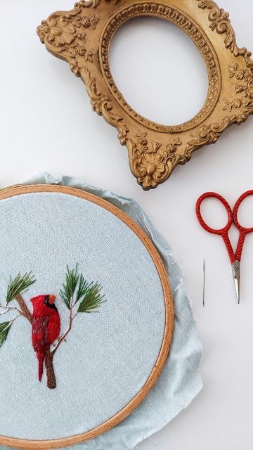 Megan Zaniewski on Instagram: "Embroidering a tiny cardinal. 🪡 This piece is not quite finished. I have a few more 3-dimensional additions I plan to add before framing. ❄️🌲" Megan Zaniewski, Hand Embroidery Pattern, Hand Embroidery Art, Fall Crafts, Embroidery Art, Cross Stitch Embroidery, Needlepoint, Embroidery Patterns, Hand Embroidered