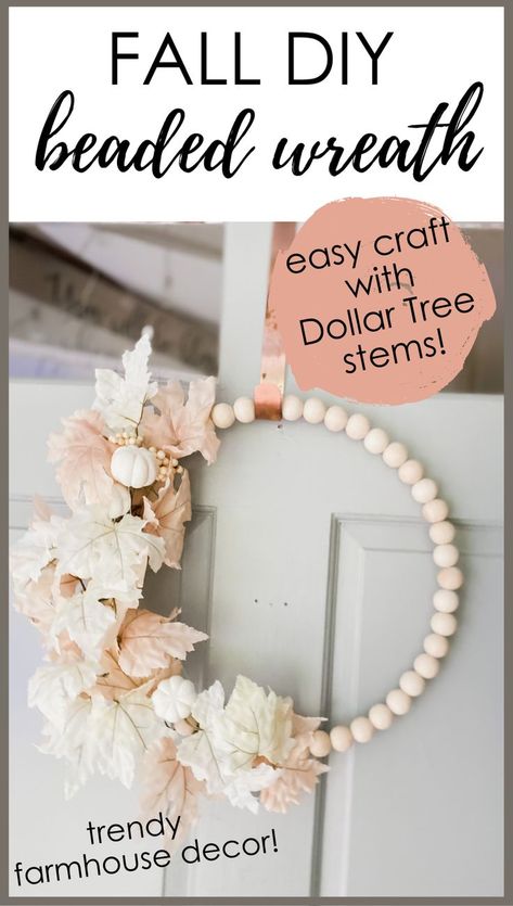 If you're looking for a trendy farmhouse look for your front door this fall, try this super-easy and cheap beaded wreath! It's made with Dollar Tree stems so it's frugal AND festive! #ahundredaffections #falldiy #falldiywreath #farmhousefalldecor Fall Diy Wreaths, Outside Fall Decorations, Wreaths For Front Door Diy, Dollar Tree Farmhouse, Beaded Wreath, Tree Stem, Fall Decor Wreaths, Porch Wreath, Fall Bead