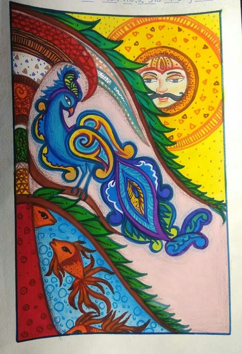 Sarjanatmak bhat indian Drawings Bhat Chitra Drawing, Basic Drawings, Elementary Drawing, Indian Drawing, Composition Drawing, Bird Template, Contemporary Folk Art, Picture Composition, Creative Bookmarks