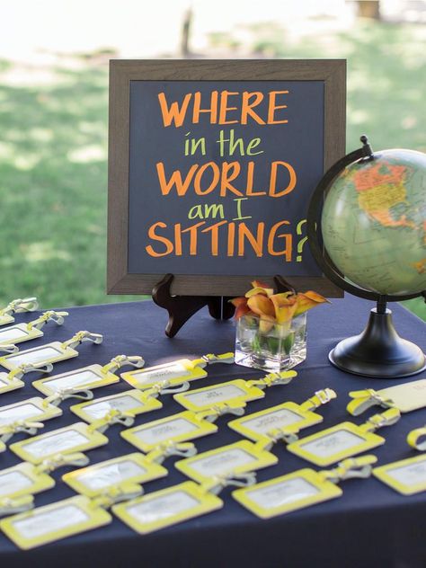 Even Carmen Sandiego would obsess over this 'Where In The World Am I Sitting?' seating chart paired with luggage tags as escort cards for your travel-themed wedding. Travel Bridal Showers, Travel Inspired Wedding, Wedding Table Themes, Travel Party Theme, Card Table Wedding, Dream Destination Wedding, Travel Theme Wedding, Have Inspiration, Travel Party